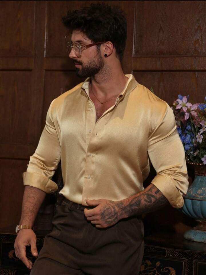 Apricot Glossy Casual Long Sleeve Shirt For Men